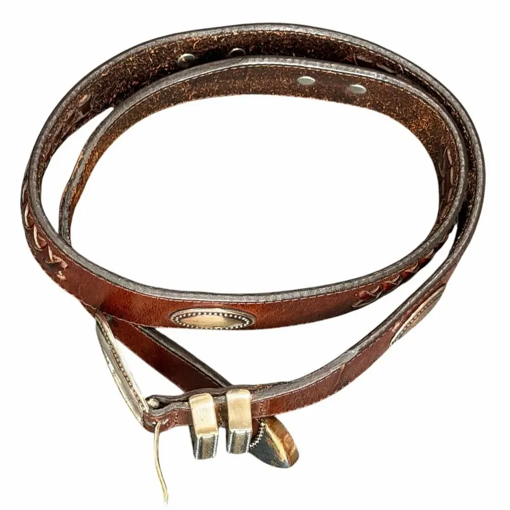 Vintage Latigo Leather Belt 34 Brown Antique Silver Concho Patina Braid Western‎